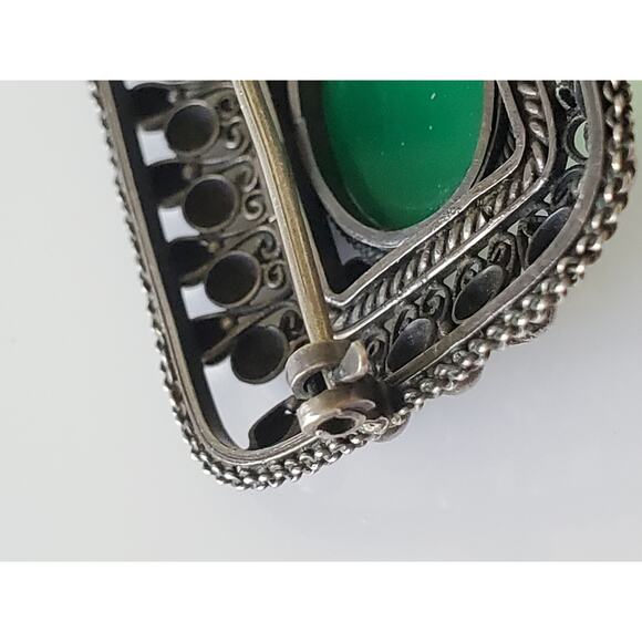 Vintage Italian Silver Brooch Filigree 1900 Vintage Green Carbochon Stone 800 Silver Brooch